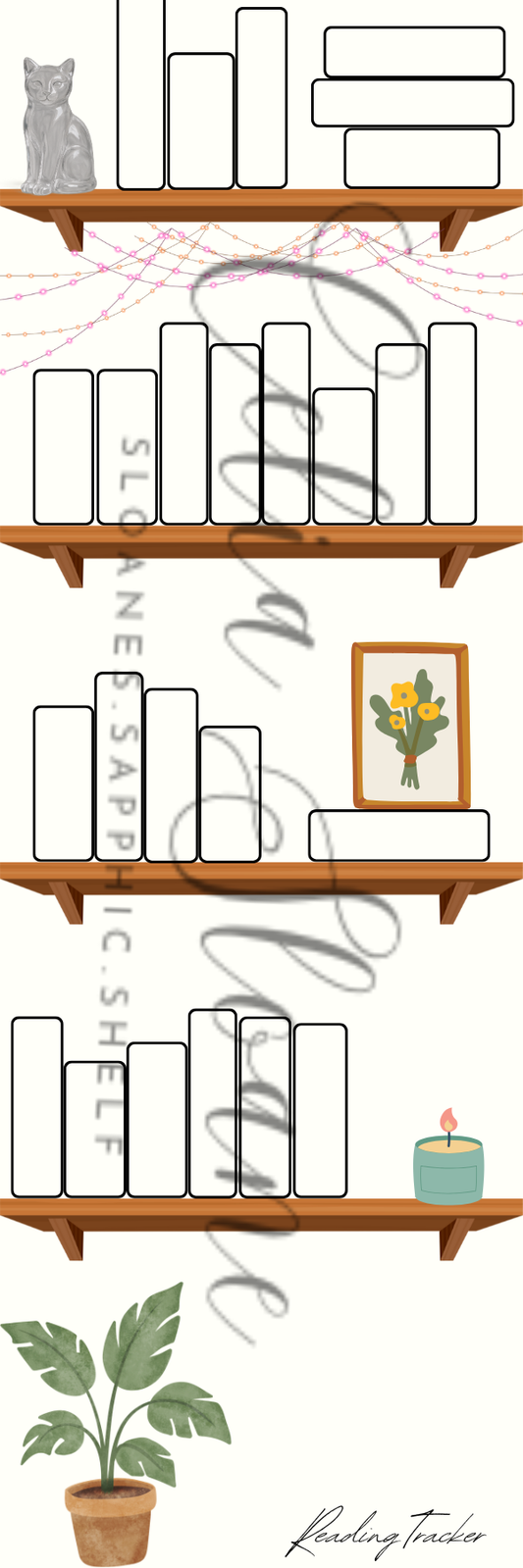Regtangular Bookmark with four shelves, full of books, a decorative cat figurine, a framed floral painting, a candle, and a houseplant underneath the shelves.  The bottom right hand corner says "reading tracker" with extra room to add customizations above